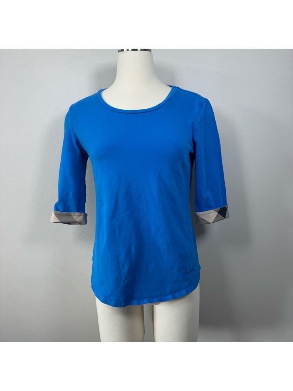 Burberry Brit London England Blue 3/4 sleeve Tee with Nova Check Cuffs Small